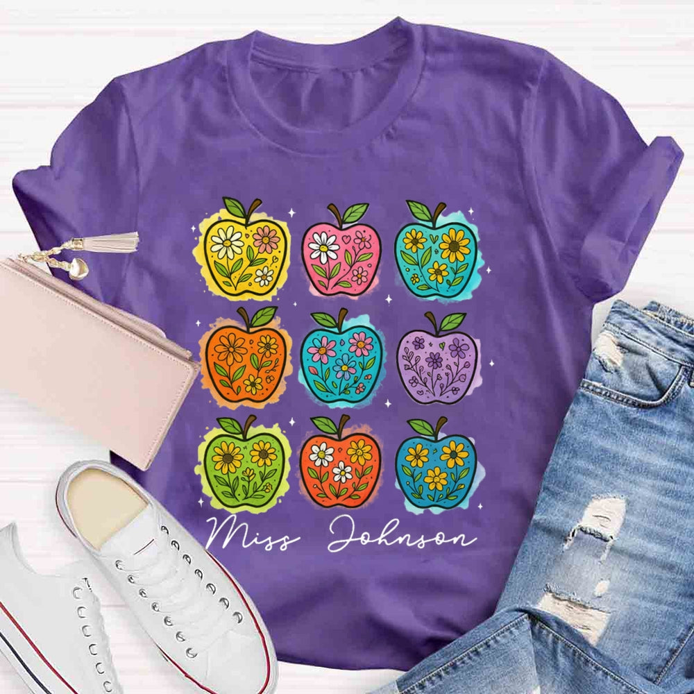 Personalized Name Apple Flower Heart Teacher T-shirt