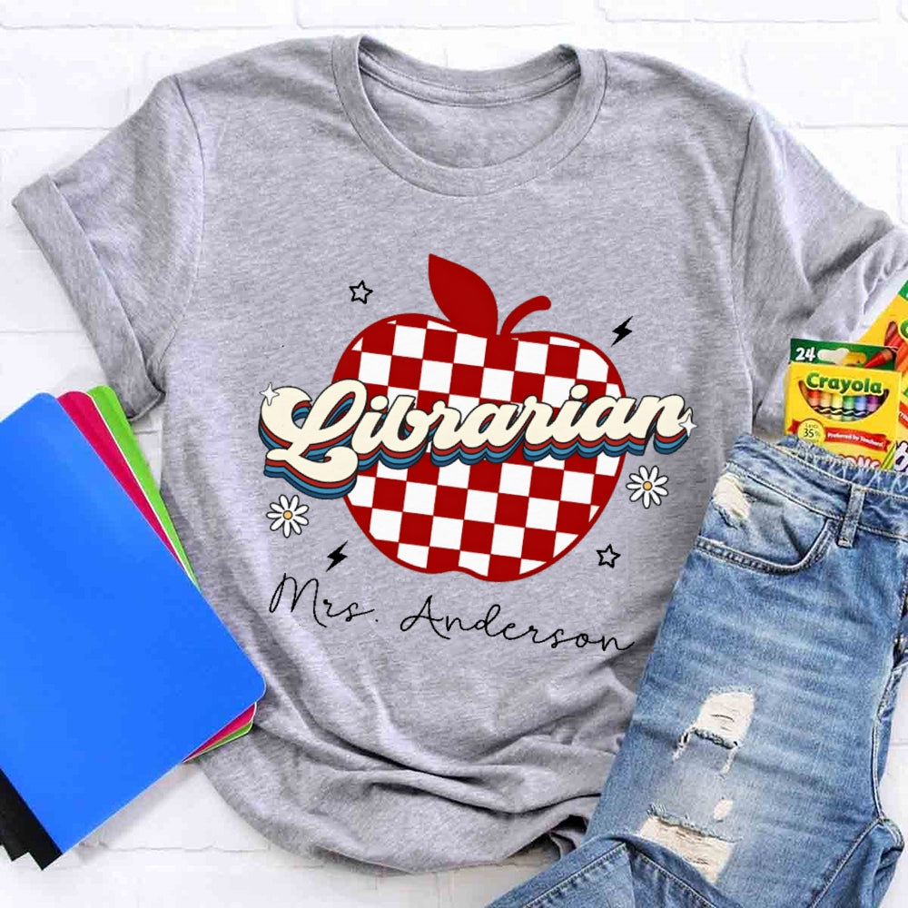 Personalized Name Librarian Red Checkered Apple T-shirt