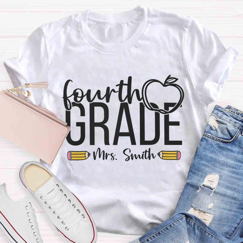Personalized Name And Grade Apple Print Stick Figure T-shirt
