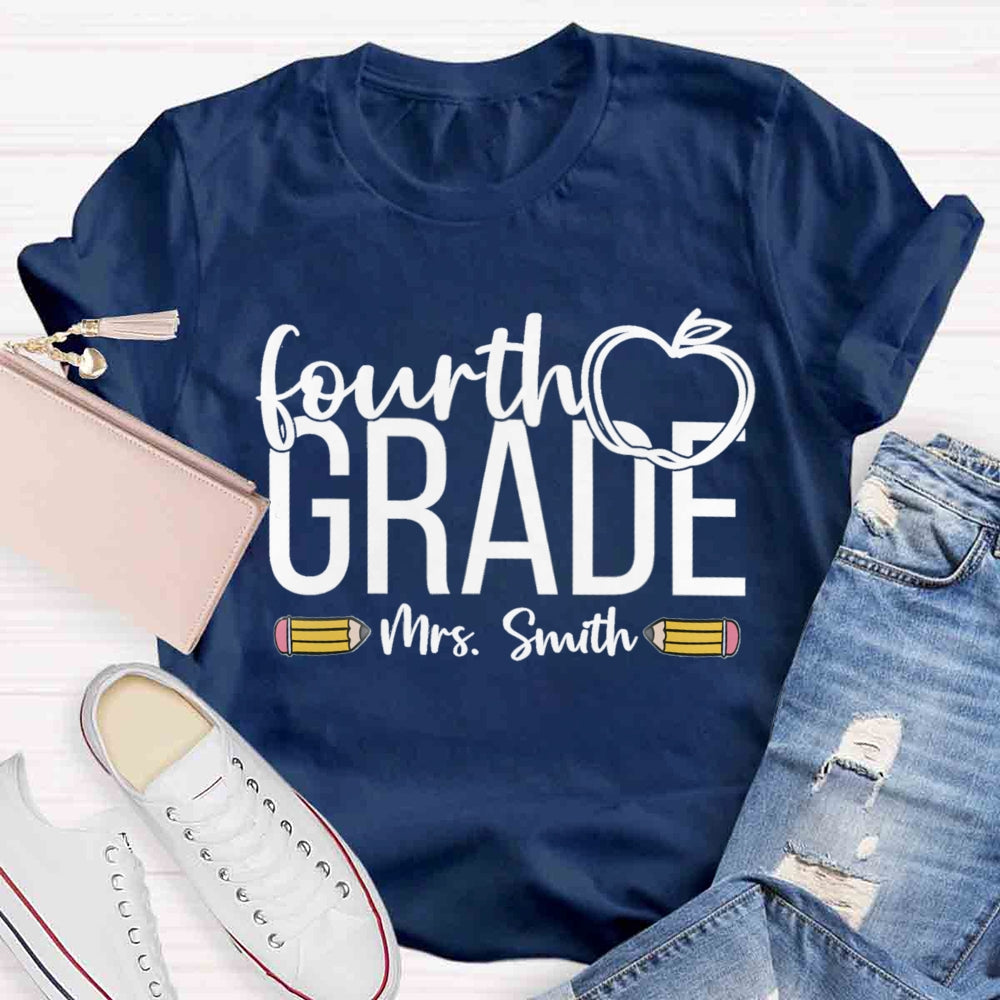 Personalized Name And Grade Apple Print Stick Figure T-shirt