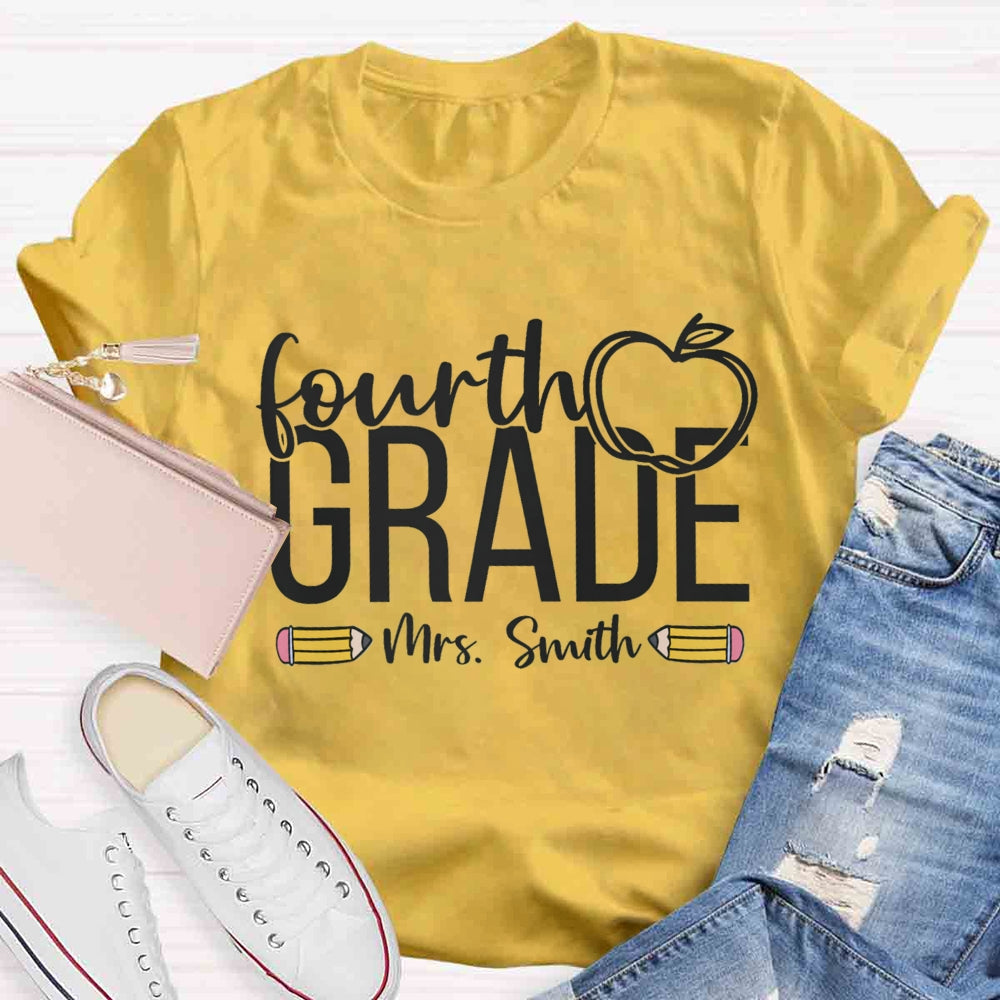 Personalized Name And Grade Apple Print Stick Figure T-shirt