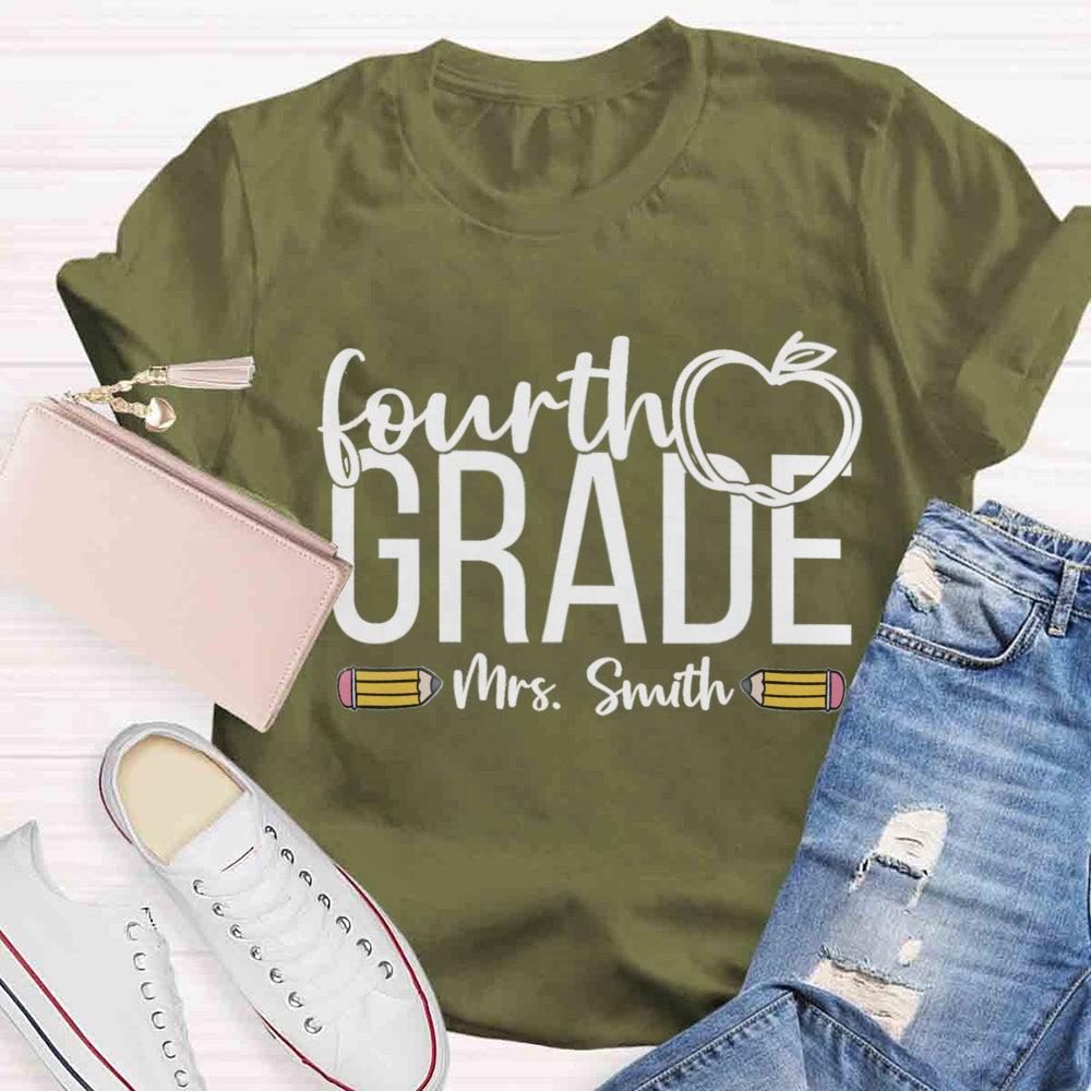 Personalized Name And Grade Apple Print Stick Figure T-shirt