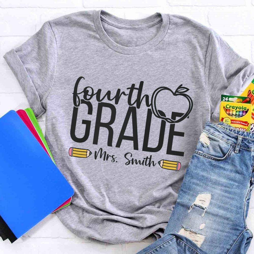 Personalized Name And Grade Apple Print Stick Figure T-shirt