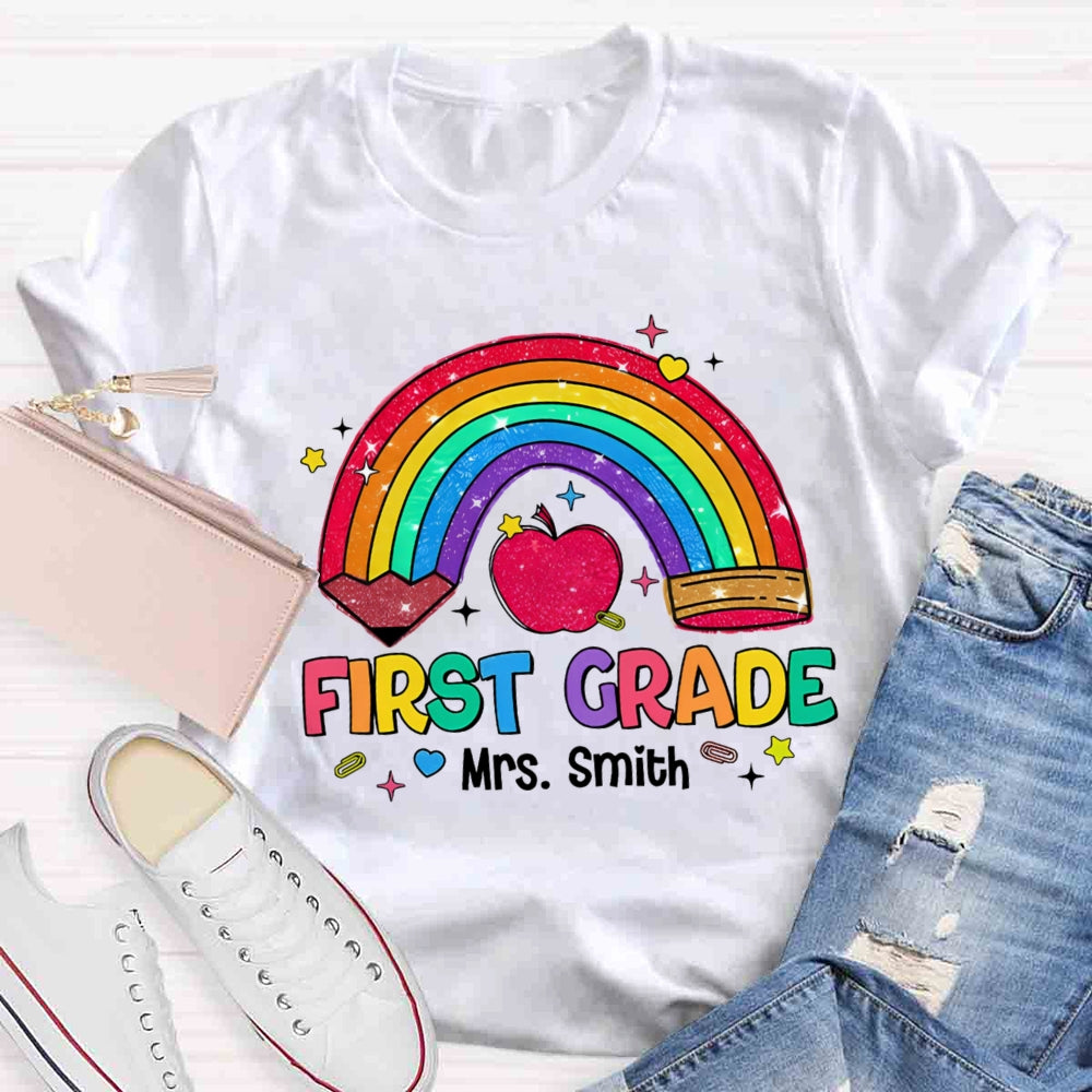 Personalized Name And Grade Rainbow Pencils Apple Print T-shirt