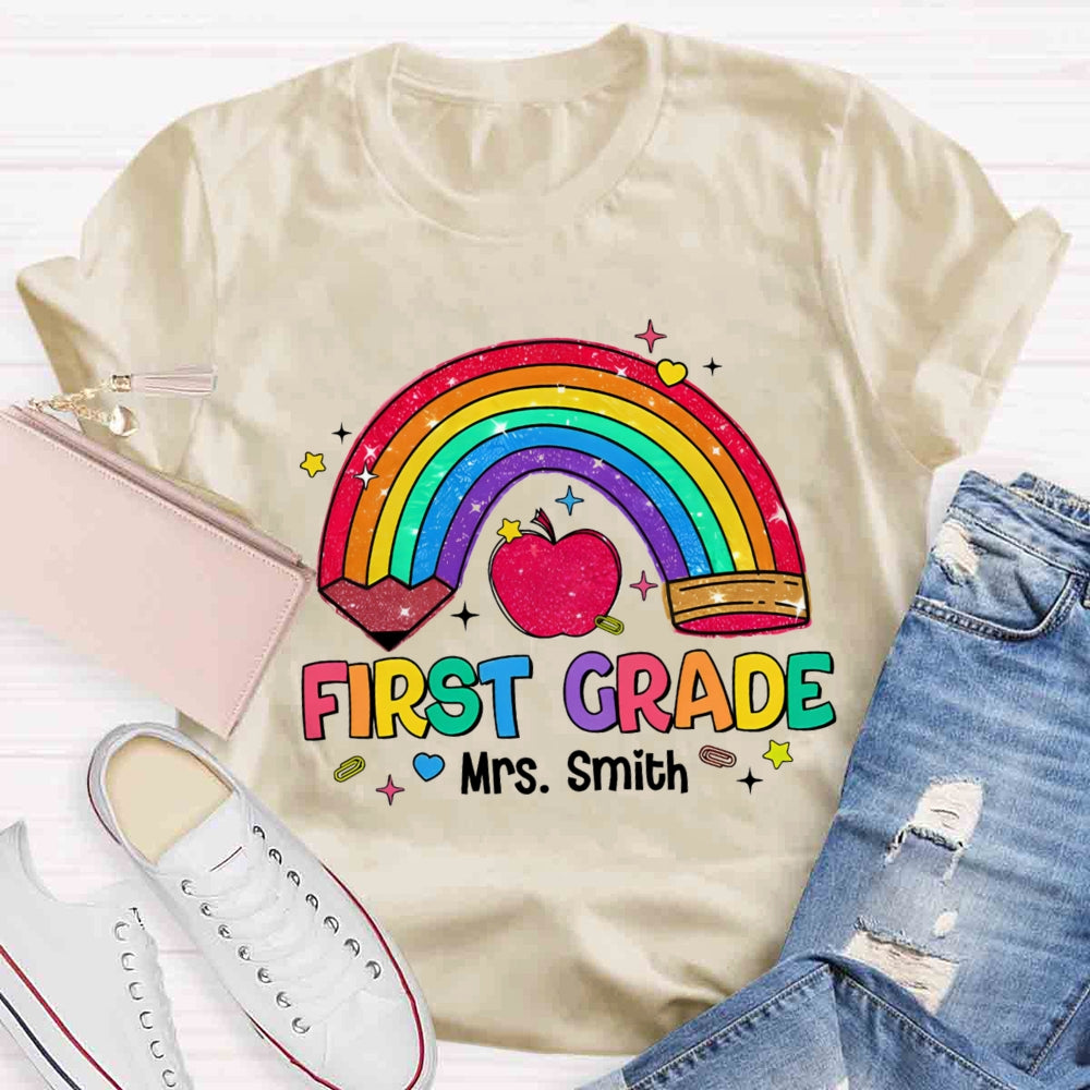 Personalized Name And Grade Rainbow Pencils Apple Print T-shirt