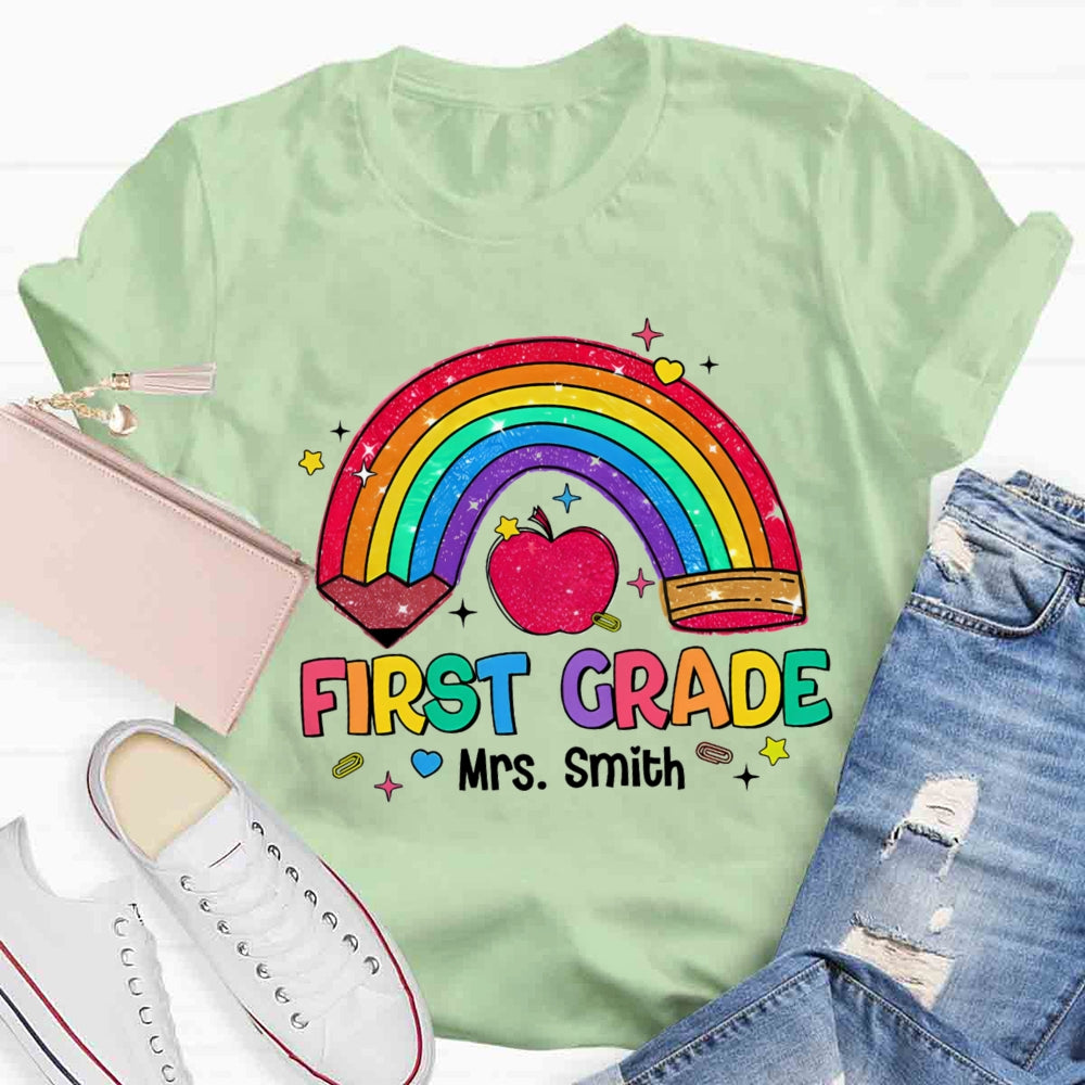 Personalized Name And Grade Rainbow Pencils Apple Print T-shirt