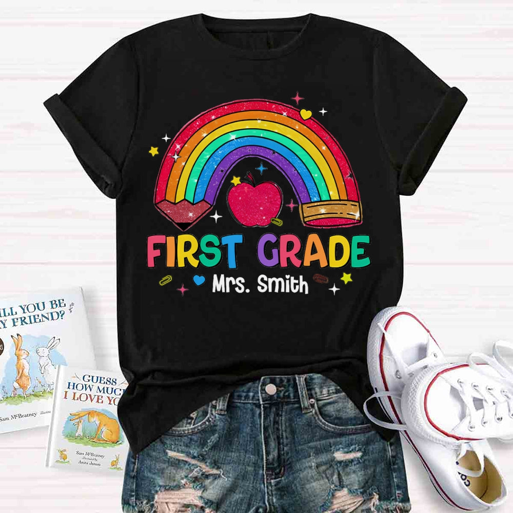 Personalized Name And Grade Rainbow Pencils Apple Print T-shirt