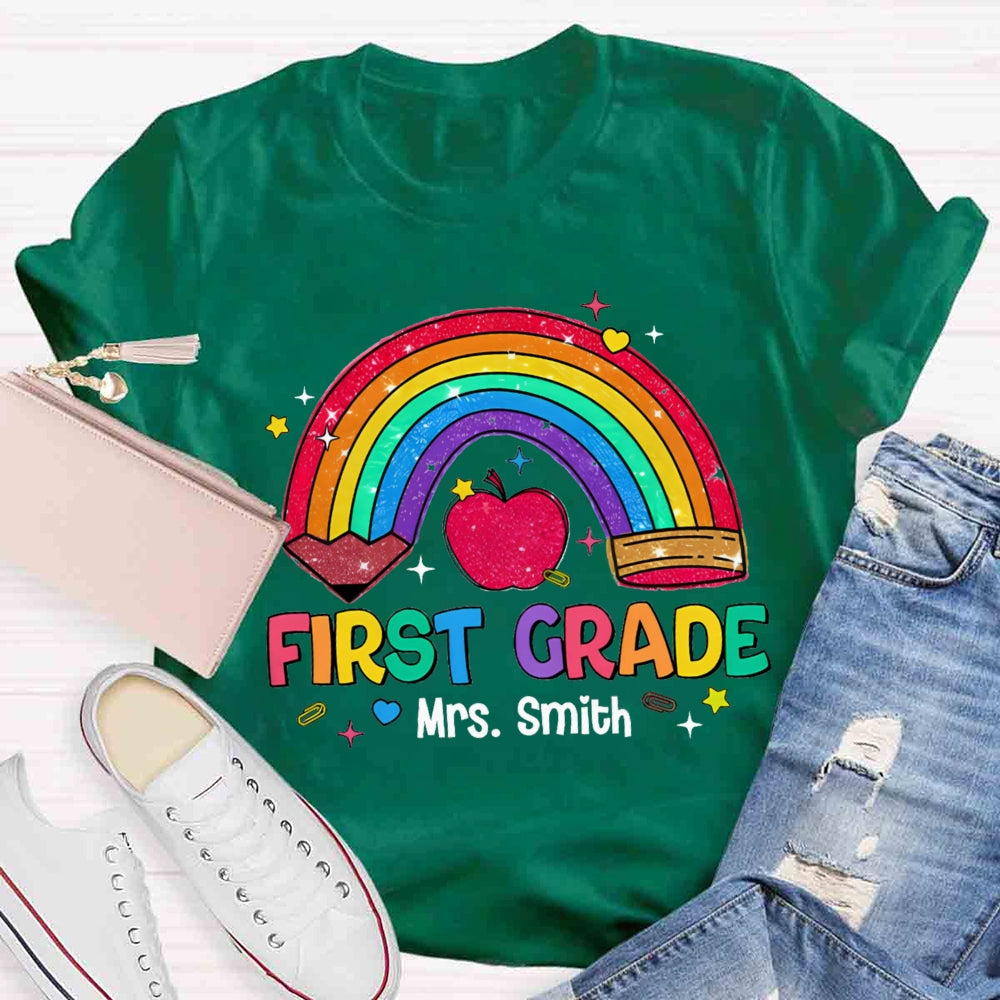 Personalized Name And Grade Rainbow Pencils Apple Print T-shirt