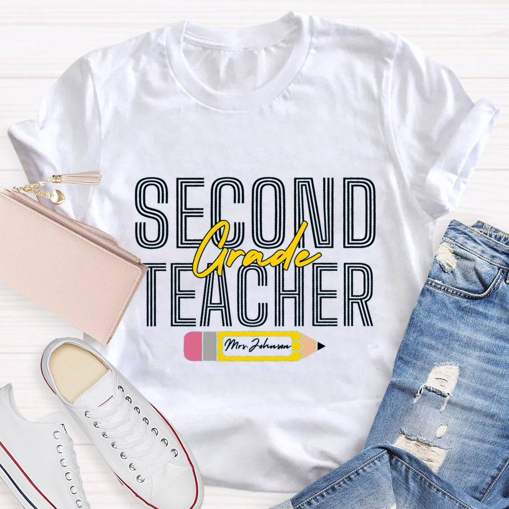 Personalized Name And Grade Pencil Pattern Teacher T-shirt
