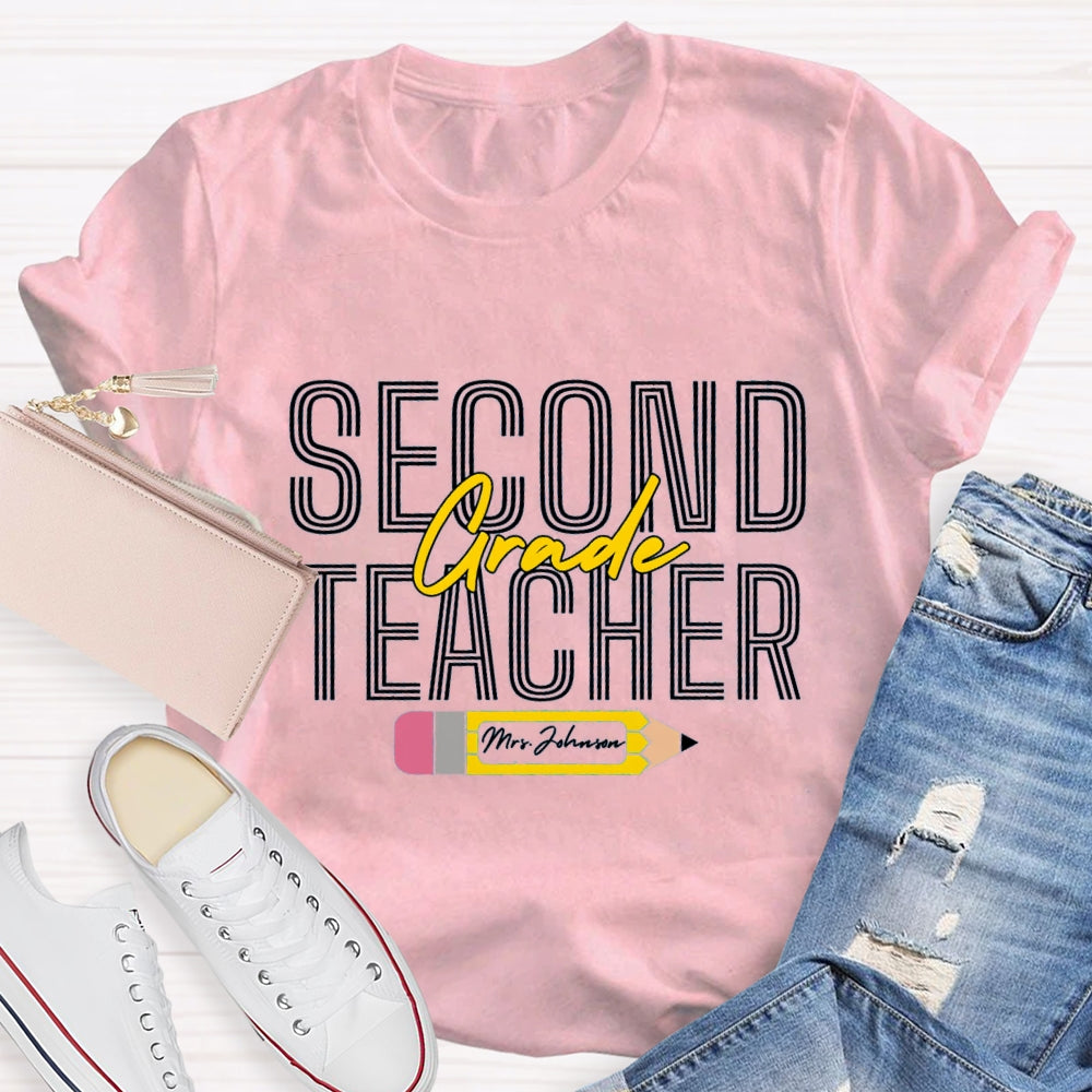 Personalized Name And Grade Pencil Pattern Teacher T-shirt