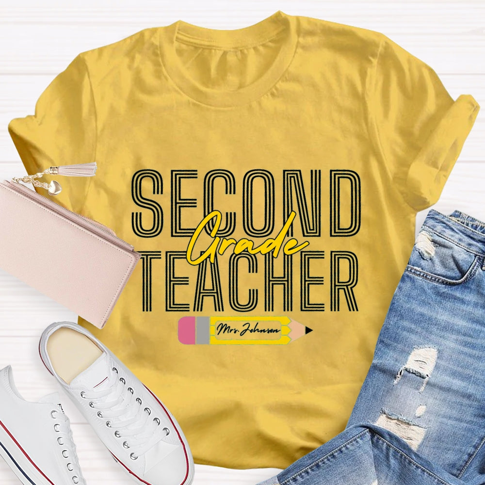 Personalized Name And Grade Pencil Pattern Teacher T-shirt