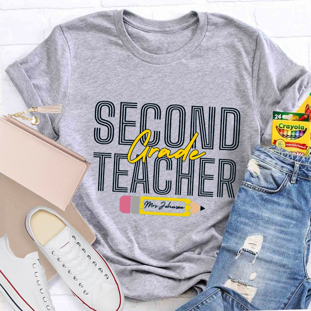 Personalized Name And Grade Pencil Pattern Teacher T-shirt