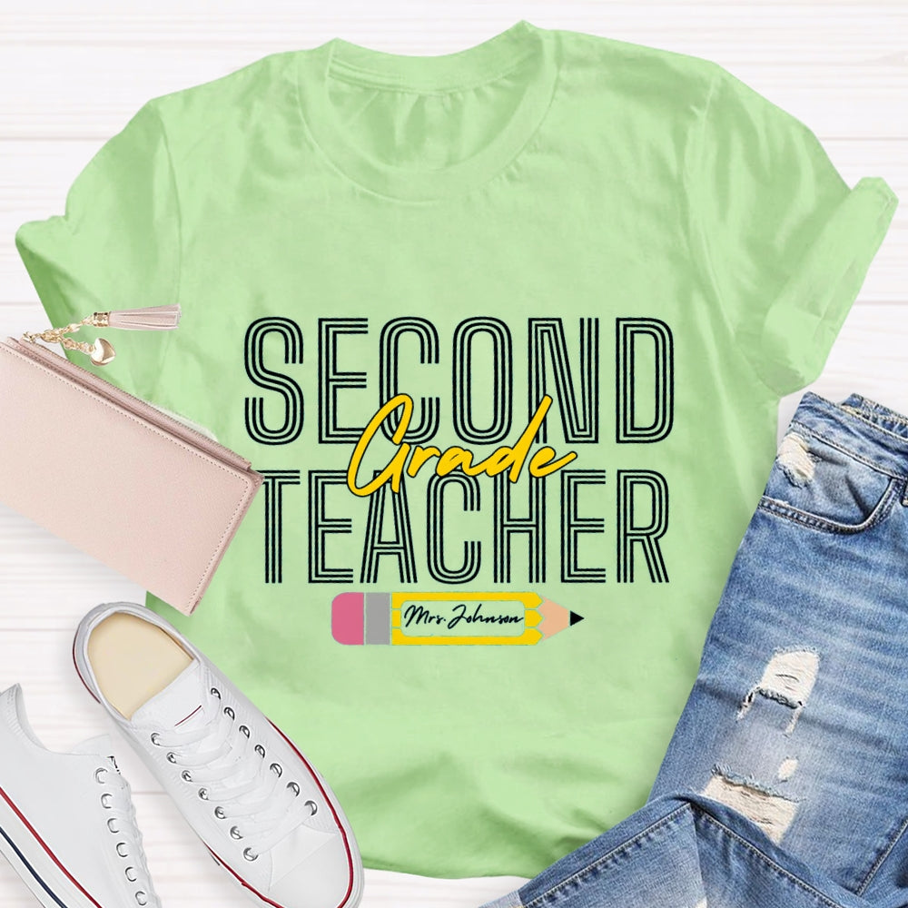 Personalized Name And Grade Pencil Pattern Teacher T-shirt