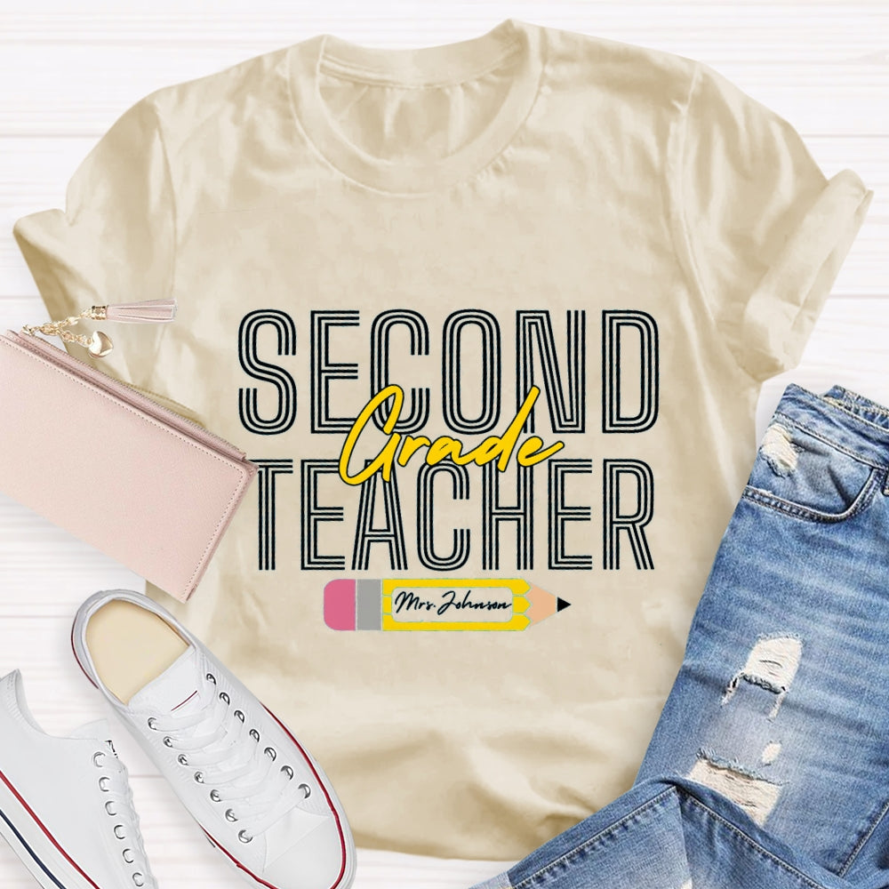 Personalized Name And Grade Pencil Pattern Teacher T-shirt