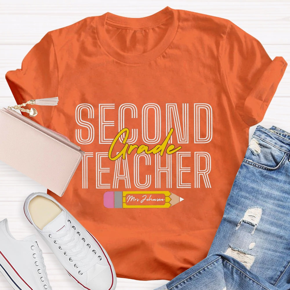 Personalized Name And Grade Pencil Pattern Teacher T-shirt