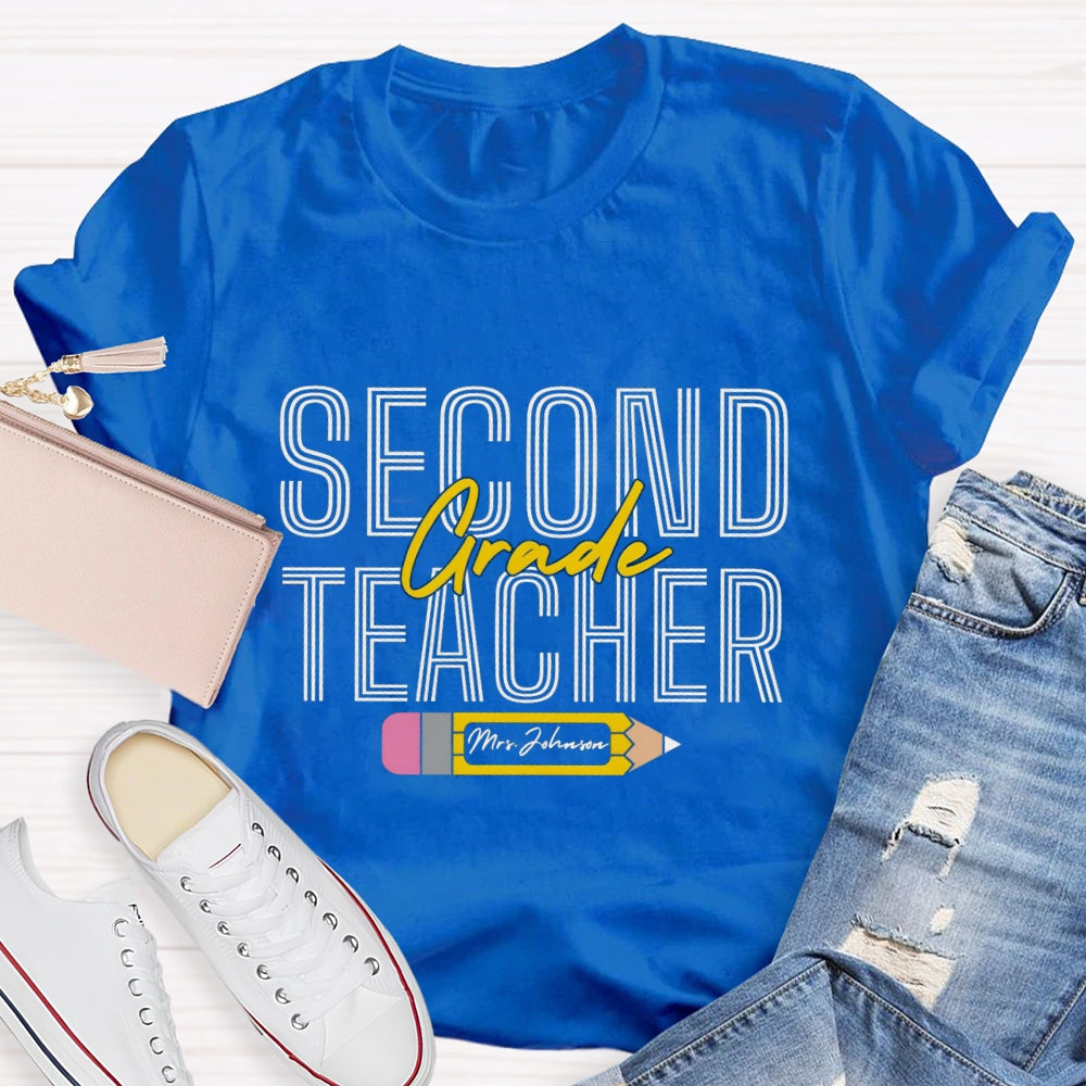 Personalized Name And Grade Pencil Pattern Teacher T-shirt