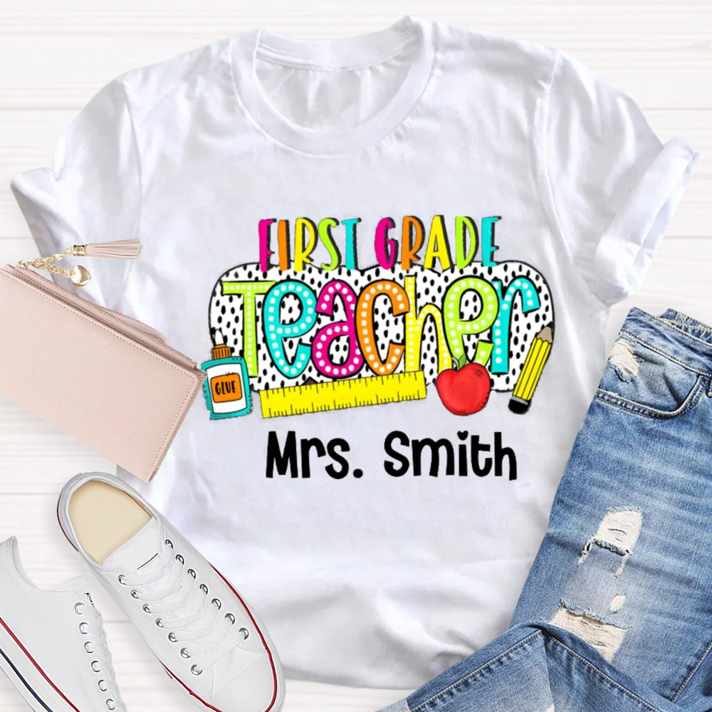 Personalize Name And Grade Polka Dot Letter Print Teacher T-shirt