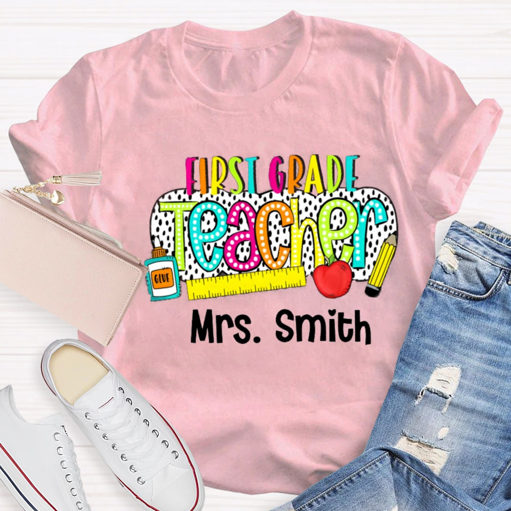 Personalize Name And Grade Polka Dot Letter Print Teacher T-shirt