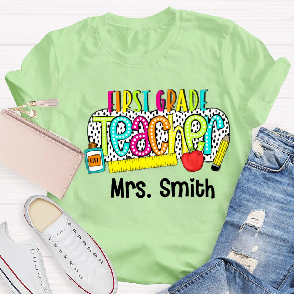 Personalize Name And Grade Polka Dot Letter Print Teacher T-shirt