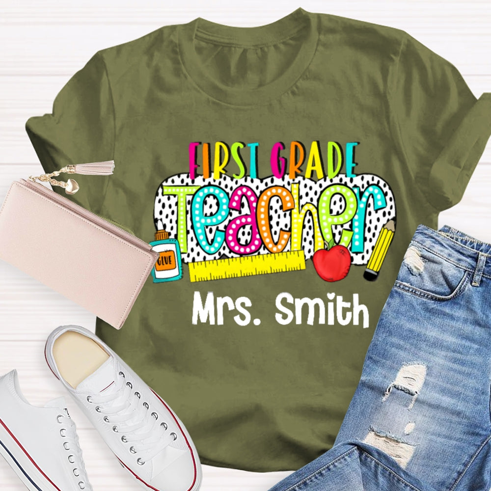 Personalize Name And Grade Polka Dot Letter Print Teacher T-shirt
