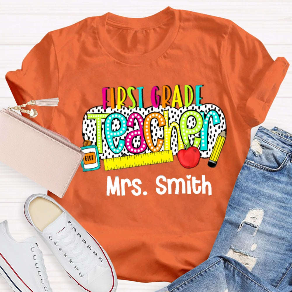 Personalize Name And Grade Polka Dot Letter Print Teacher T-shirt