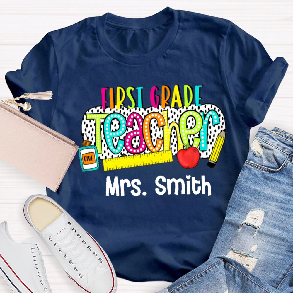 Personalize Name And Grade Polka Dot Letter Print Teacher T-shirt
