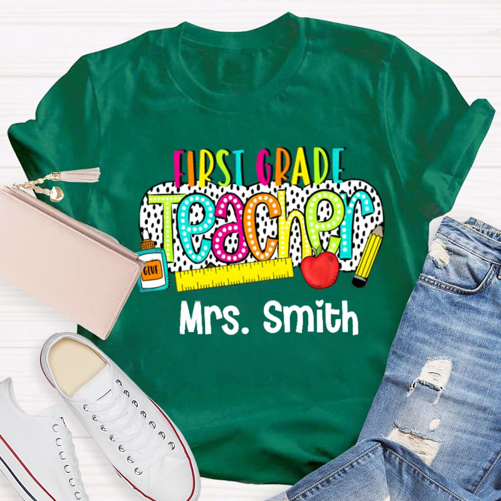 Personalize Name And Grade Polka Dot Letter Print Teacher T-shirt
