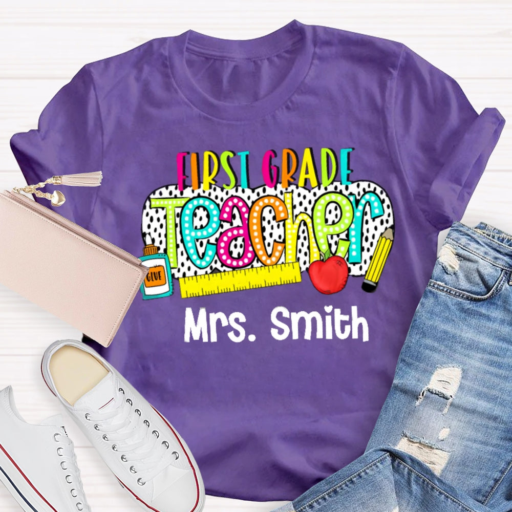 Personalize Name And Grade Polka Dot Letter Print Teacher T-shirt