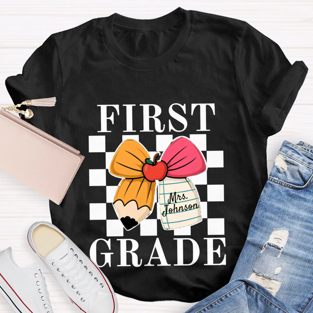 Personalized Name And Grade Apple Bow Small Square T-shirt
