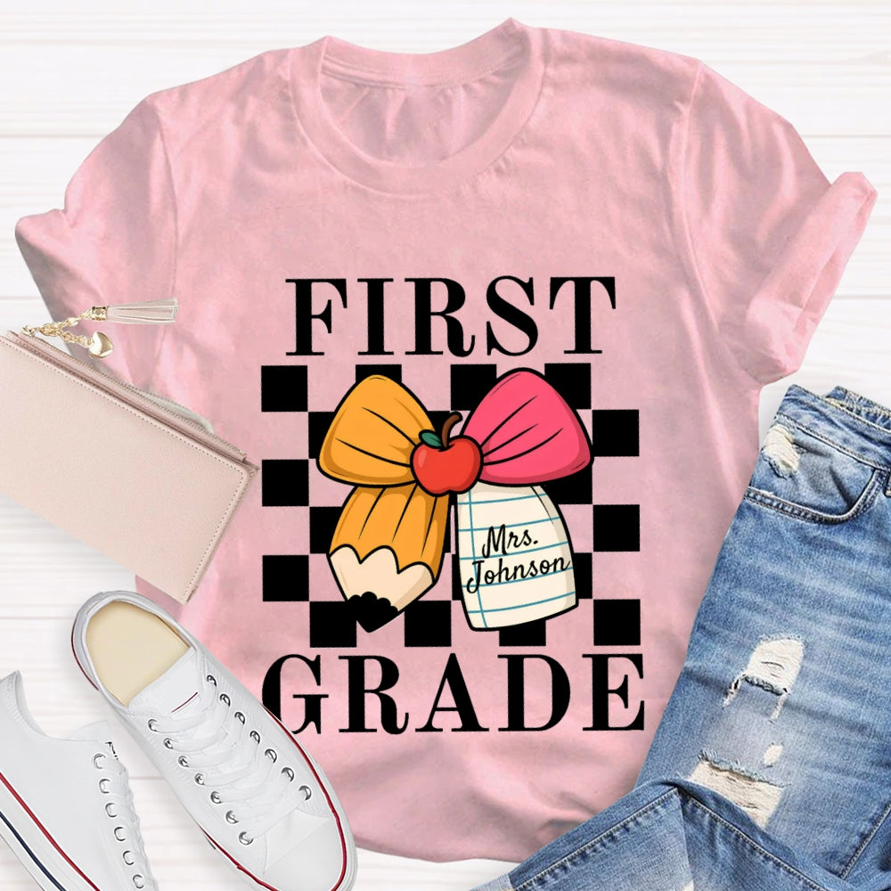 Personalized Name And Grade Apple Bow Small Square T-shirt