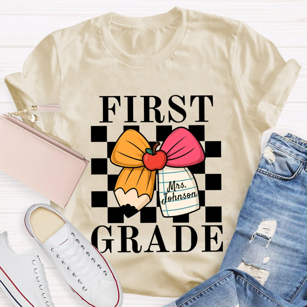 Personalized Name And Grade Apple Bow Small Square T-shirt