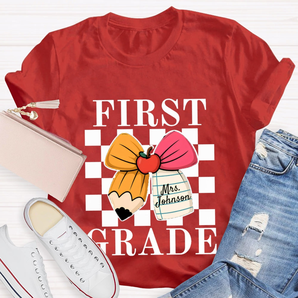 Personalized Name And Grade Apple Bow Small Square T-shirt