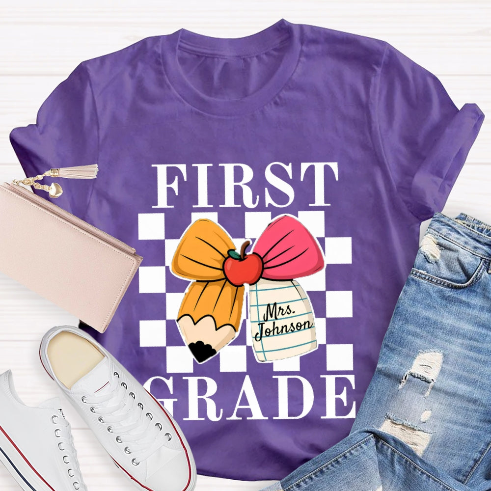 Personalized Name And Grade Apple Bow Small Square T-shirt