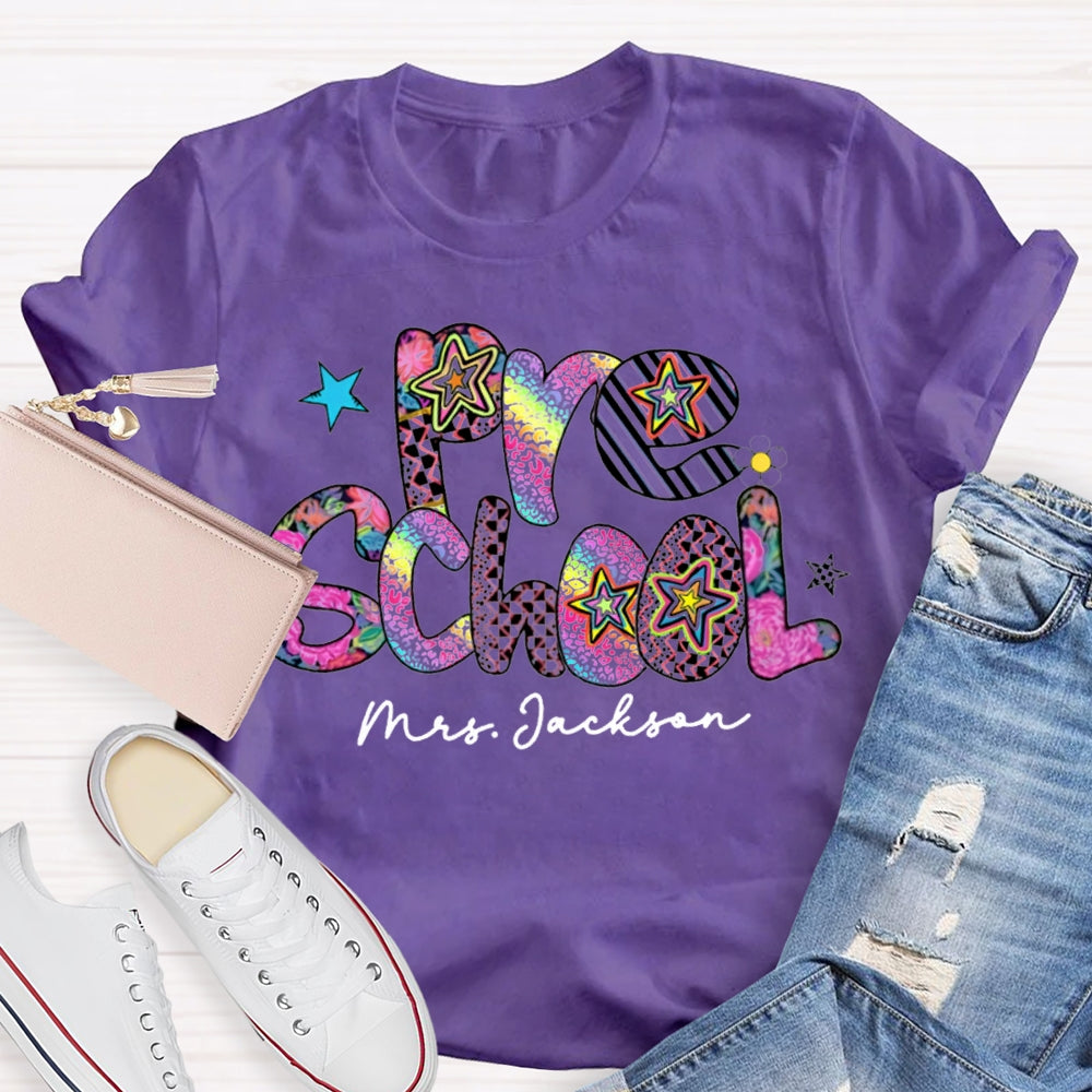 Personalized Name Pre School Colorful Leopard Print Teacher T-shirt