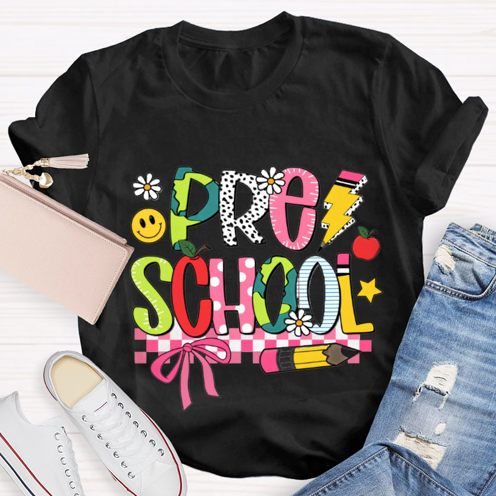 Small Flower Letters Pre School Teacher T-shirt