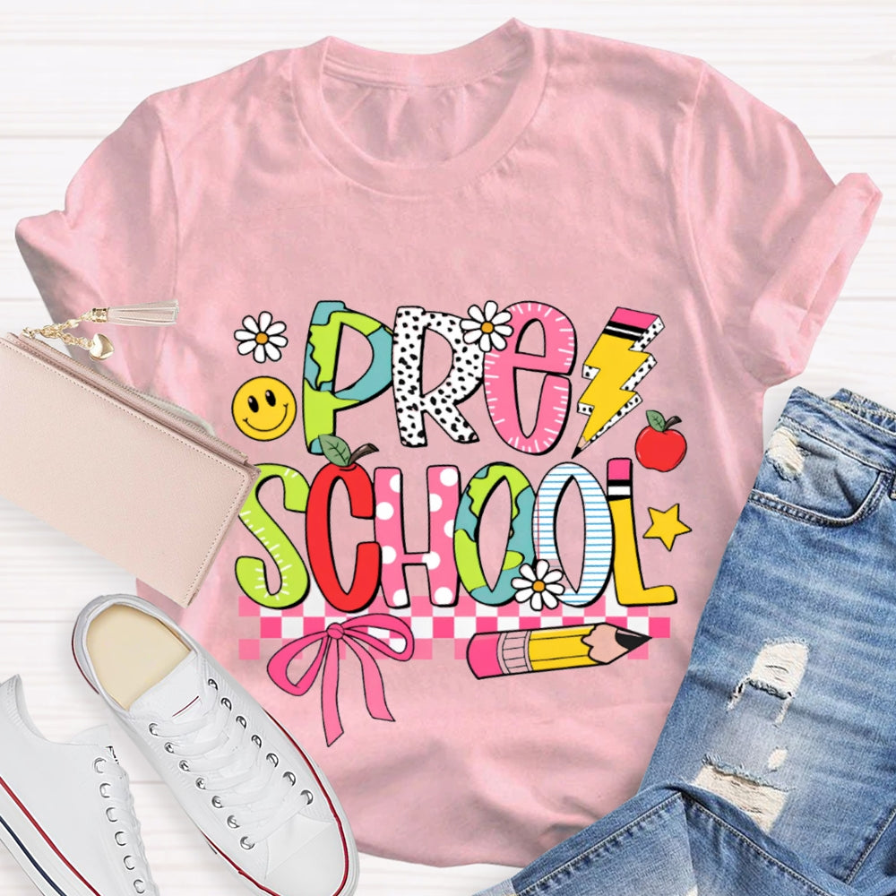 Small Flower Letters Pre School Teacher T-shirt