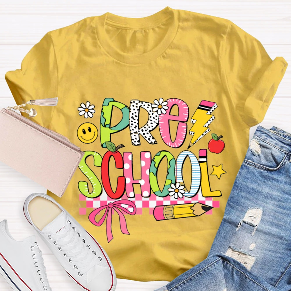 Small Flower Letters Pre School Teacher T-shirt