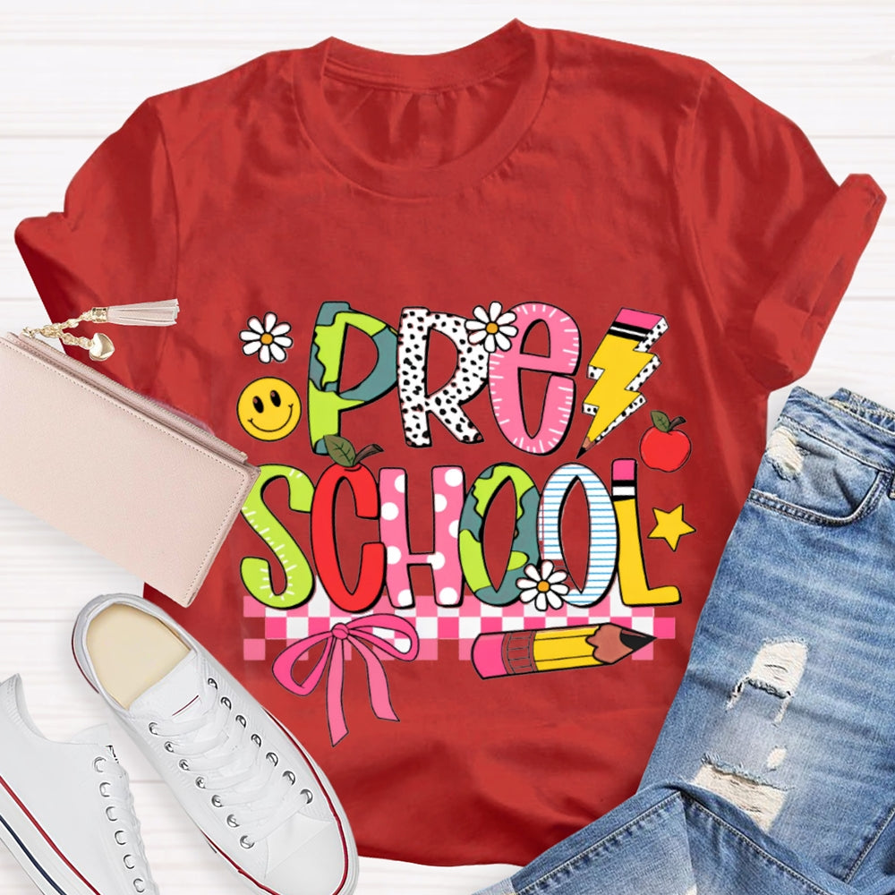 Small Flower Letters Pre School Teacher T-shirt