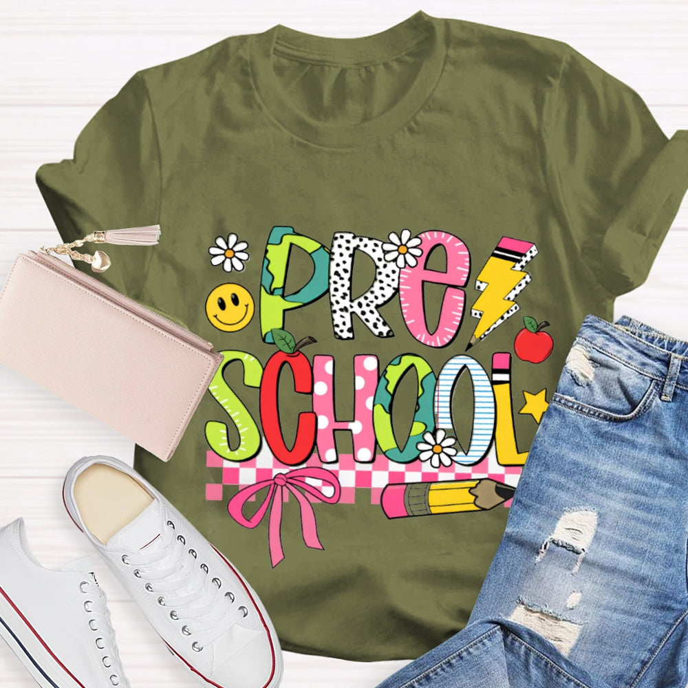 Small Flower Letters Pre School Teacher T-shirt