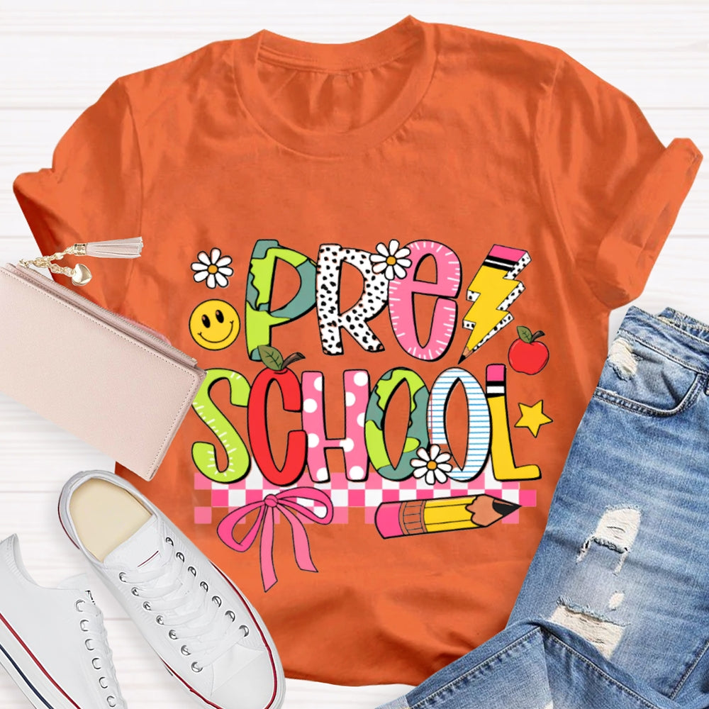 Small Flower Letters Pre School Teacher T-shirt