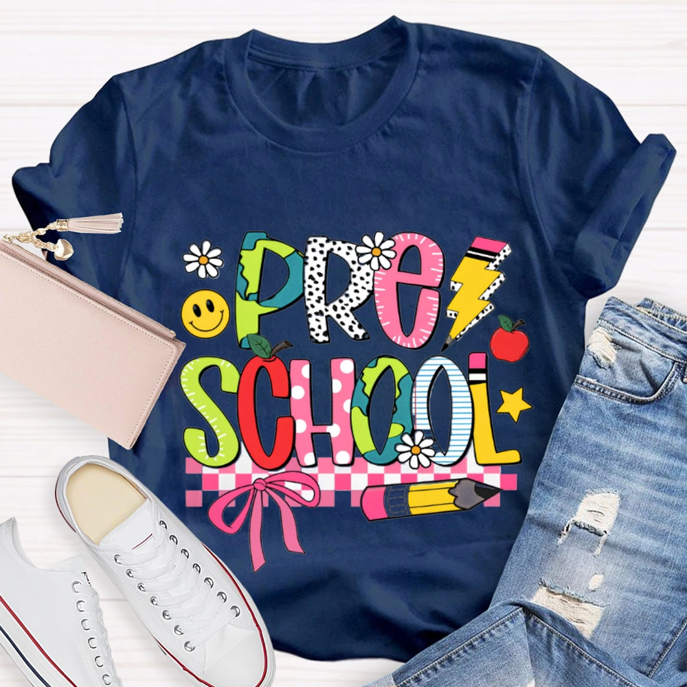 Small Flower Letters Pre School Teacher T-shirt