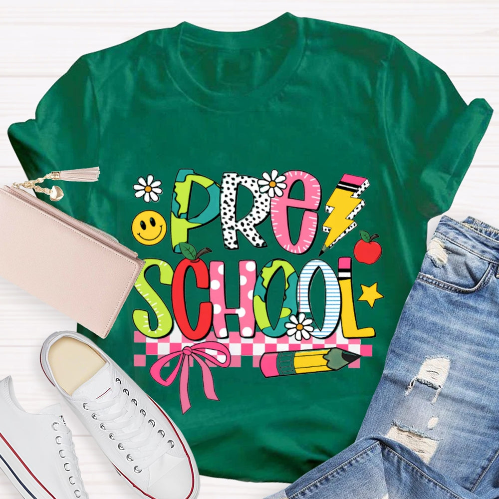 Small Flower Letters Pre School Teacher T-shirt