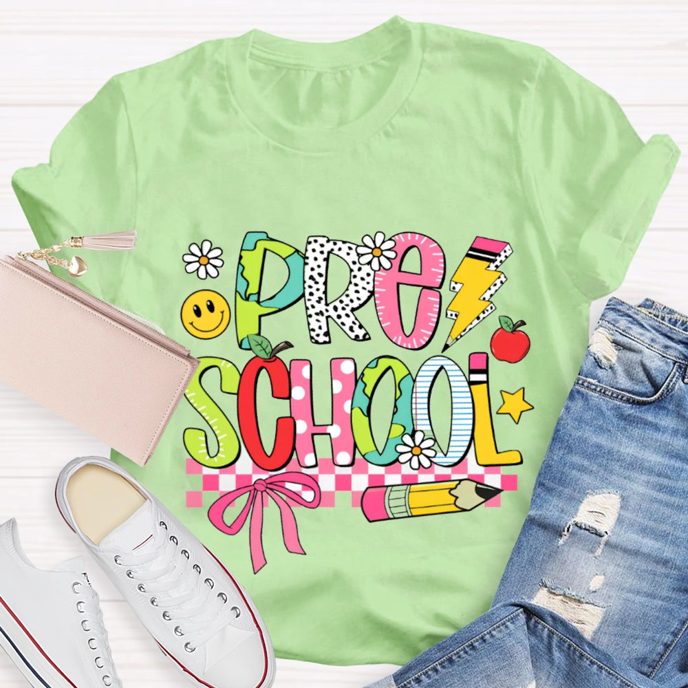 Small Flower Letters Pre School Teacher T-shirt