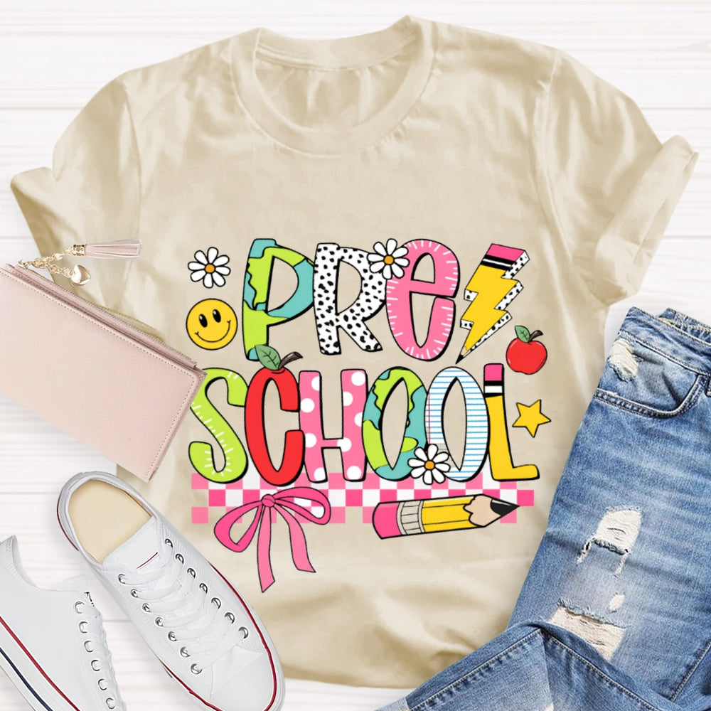 Small Flower Letters Pre School Teacher T-shirt