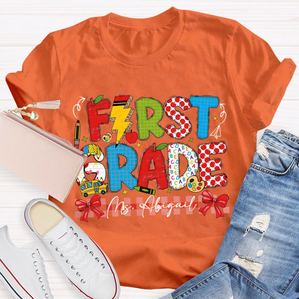 Personalized Name And Grade Red Bow Ribbon Teacher T-shirt