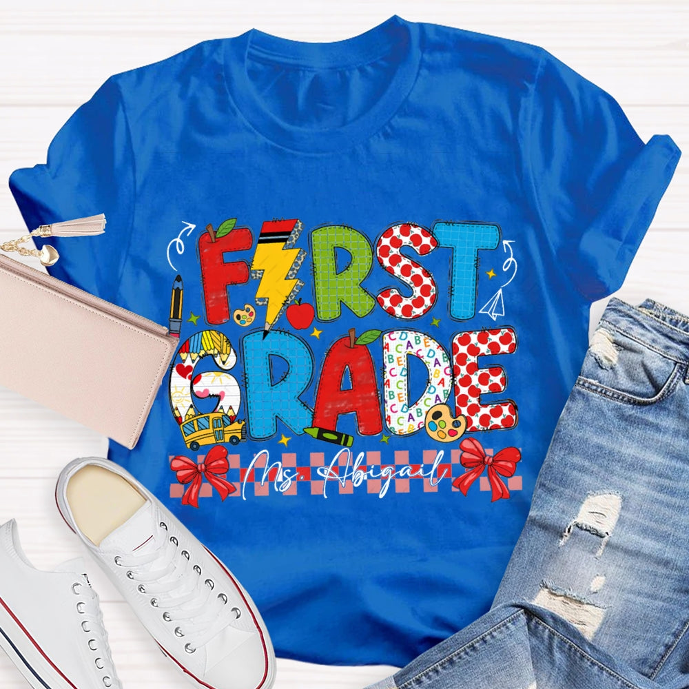 Personalized Name And Grade Red Bow Ribbon Teacher T-shirt