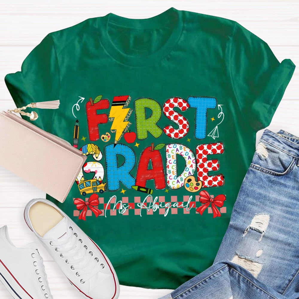 Personalized Name And Grade Red Bow Ribbon Teacher T-shirt