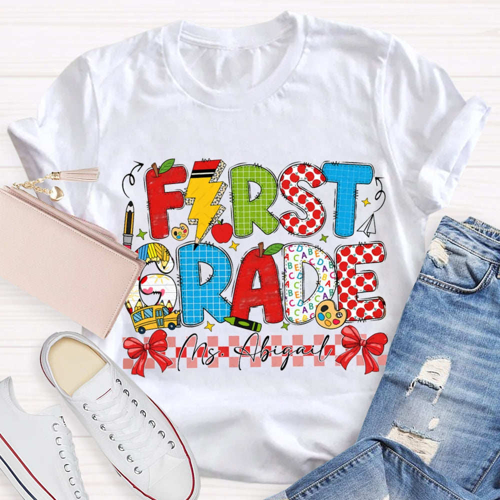 Personalized Name And Grade Red Bow Ribbon Teacher T-shirt