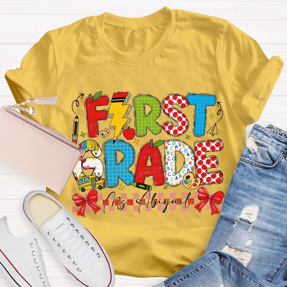 Personalized Name And Grade Red Bow Ribbon Teacher T-shirt