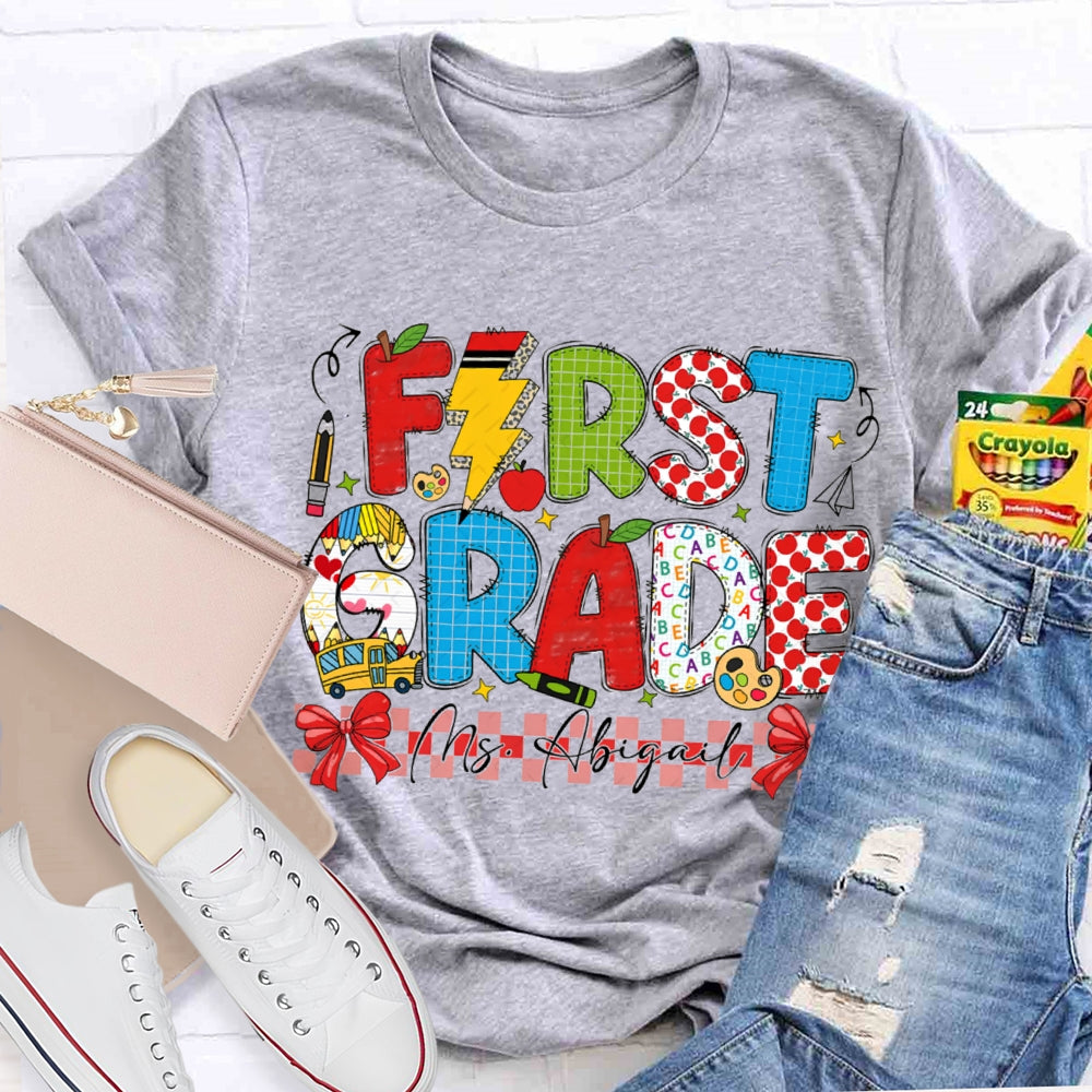 Personalized Name And Grade Red Bow Ribbon Teacher T-shirt